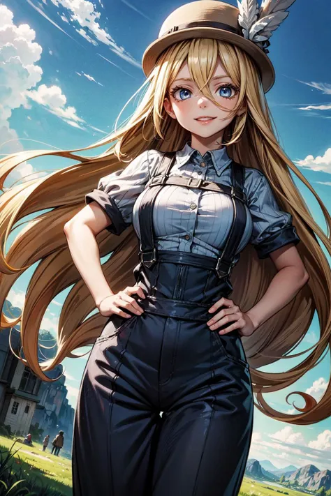 masterpiece,best quality,1girl,solo,large breasts,wide hips,1girl very long hair blonde hair curly hair,lyza \(made in abyss\),blue eyes|grey eyes,very long hair,overalls,suspenders,short sleeves,cabbie hat,striped shirt,hat feather,smile,hand on hip,floating hair,wind,outdoors,mountain,scenery,sky,cowboy shot,dutch angle,<lora:Concept-control tool-add_detail-CyberAIchemist:0.8>,<lora:CHAR-Made In Abyss-Lyza-v1-Akii:0.9>,