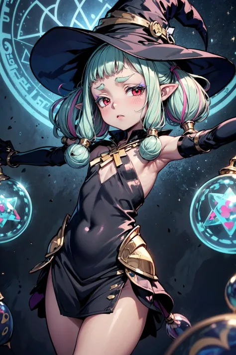 masterpiece,best quality,1girl,(solo),ibuki douji \(fate\),flat chest,dark skin,grey skin,colored skin,twintails,multicolored hair,aqua hair,pink hair,sidelocks,red eyes,pointy ears,makeup,eyeliner,thick eyebrows,forehead,oni,(witch,witch hat,witch dress,black dress,capelet,elbow gloves:1.3),expressionless,spread arms,(mystery,magic,magic circle),starry sky,glowing,sparkle,<lora:Concept-control tool-add_detail-CyberAIchemist:0.8>,<lora:ibukidouji1:0.7>,