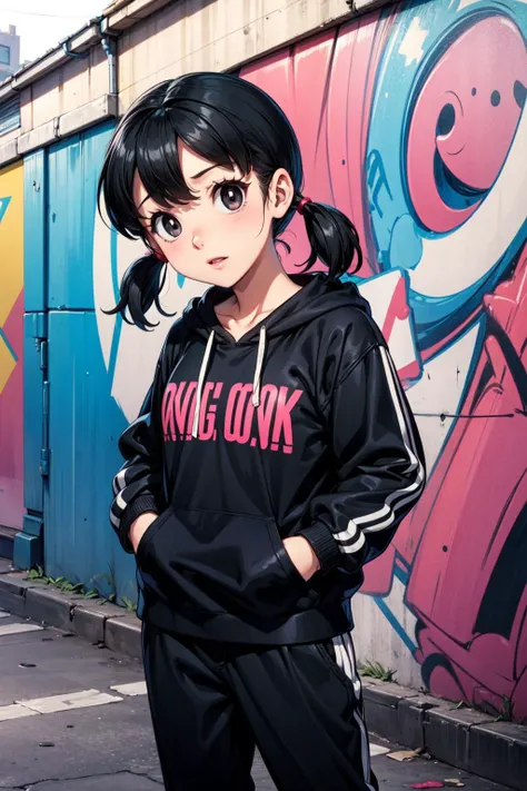 masterpiece,best quality,1girl,drsizukachan1,black hair,low twintails,black eyes,cool and edgy attire,baggy pants,oversized hoodie,fashionable accessories,hip hop,head tilt,hands in pockets,urban and street style,graffiti-inspired colors,confident expression,graffiti walls,energetic and vibrant atmosphere,cowboy shot,dutch angle,<lora:Concept-control tool-add_detail-CyberAIchemist:0.8>,<lora:0 FFsizukachan1:0.9>,