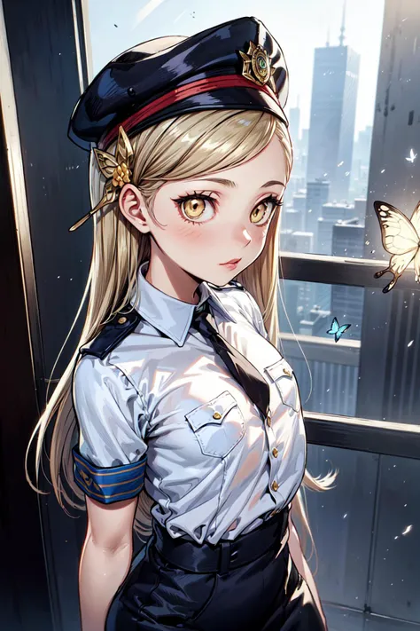masterpiece,best quality,1girl,solo,lavenza \(persona 5\),long hair,beige hair,swept bangs,(gold eyes),butterfly hair ornament,flat chest,policewoman,police uniform,(police hat:1.3),necktie,badge,pencil skirt,armband,breast pocket,blush,standing,on top of a skyscraper,night,cityscape,<lora:Concept-control tool-add_detail-CyberAIchemist:0.8>,<lora:Lavenza:0.6>,