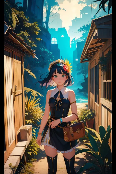 1girl, (pop art stylized by Tiffany Bozic:1.0) and (Maynard Dixon:0.7) and (Ernst Haas:1.0) , horror art, detailed Pastels artwork, Glitch Art, majestic, landscape of a [Groovy:Apocalyptic:3] Cluttered ([Diocletian's Palace|The Bahamas]:1.3) from inside of a Ouro Preto, Steerage foliage and grass, at Twilight, Fearful, broad lighting, Fish-eye Lens, Dark hue, dreamy magical atmosphere, stylized, trending on CGSociety, award winning, grim