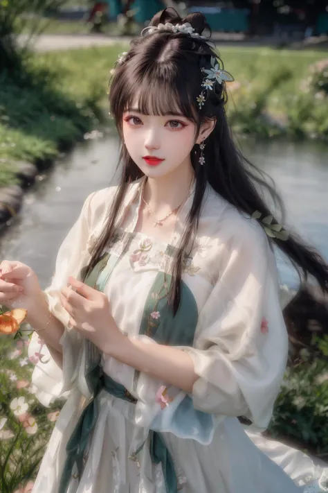 best quality,masterpiece,highres,cg,1girl,weapon,long hair,dress,water,grass,flowers,solo,jewelry,white dress,earrings,hair ornament,splashing,upper body,hair bun,black hair,
lighting,candid,Photograph,high resolution,4k,8k,Bokeh,<lora:hanfuSong_v35:0.6>,