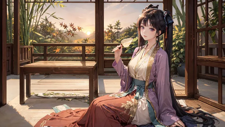 masterpiece,best quality,8k,raw,rtx on,1girl,adult,pale skin,model,large breasts,gradient hair,long hair,straight hair,twintails,sitting,shushing,look at viewer,hanfu,song style outfits,<lora:hanfuSong_v35:0.7>,(purple short shan),(red long shan),(blue pleated skirt),(red songmo),in autumn,sunset,bamboo forest,sharp focus,dynamic angle,available light,stone table,bench,