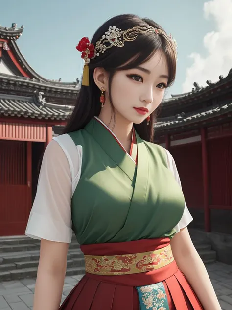 (8k, best quality, masterpiece:1.2), (realistic, photo-realistic:1.2),(sky of background: 1.2),guzhen,looking at viewer, <lora:chun111:0.6>,1girl,perfect face, perfect eyes,large breasts,perfect skin,make happy expressions,gorgeous,pure,light make up,jade jewelry,hair ornament,hair band,looking at viewer,colorful,(hanfu, song style outfits, 1girl, green short shan, white pleated skirt, red songmo), <lora:hanfuSong_v31:0.65>,outdoors,east asian architecture,clear sharp focus,instagram most viewed,volumetric lighting,cinematic effects,cinematic lighting,hdr,wallpaper,Megapixel,highres,Intricate details,ultra detailed,8k,by wlop,