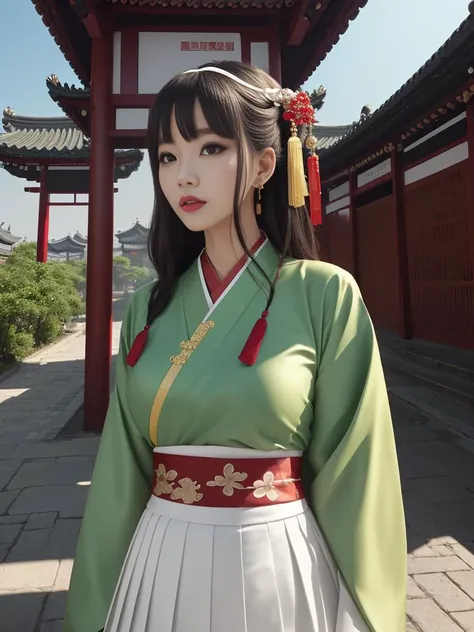 (8k, best quality, masterpiece:1.2), (realistic, photo-realistic:1.2),(sky of background: 1.2),guzhen,looking at viewer, <lora:chun111:0.6>,1girl,perfect face, perfect eyes,large breasts,perfect skin,make happy expressions,gorgeous,pure,light make up,jade jewelry,hair ornament,hair band,looking at viewer,colorful,(hanfu, song style outfits, 1girl, green short shan, white pleated skirt, red songmo), <lora:hanfuSong_v31:0.65>,outdoors,east asian architecture,clear sharp focus,instagram most viewed,volumetric lighting,cinematic effects,cinematic lighting,hdr,wallpaper,Megapixel,highres,Intricate details,ultra detailed,8k,by wlop,