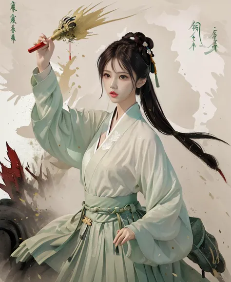 dramatic angle,(fluttered detailed ink splashs), (illustration),(((1 girl))),(long hair),(rain:0.6),(expressionless ,hair ornament:1.4),there is an ancient palace beside the girl,chinese clothes,(focus on), color Ink wash painting,(ink splashing),color splashing,((colorful)),[sketch], Masterpiece,best quality, beautifully painted,highly detailed,(denoising:0.7),[splash ink],yin yang <lora:WuMo2:1.2>,hanfu, song style outfits, 1girl, green short shan, white pleated skirt, red songmo,<lora:hanfuSong_v31:0.6>