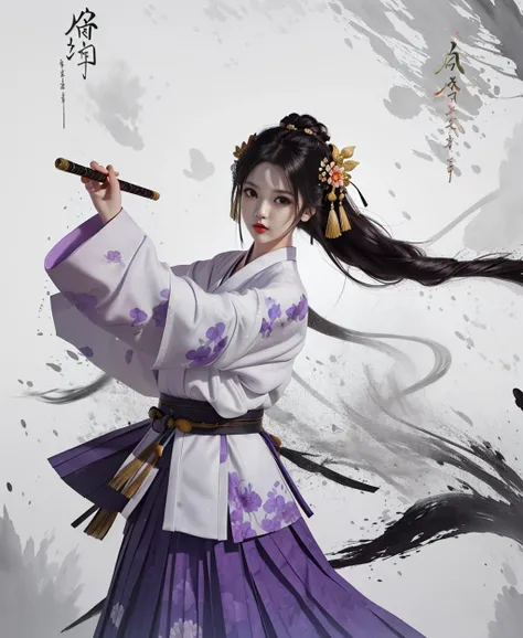 dramatic angle,(fluttered detailed ink splashs), (illustration),(long hair),(rain:0.6),(expressionless ,hair ornament:1.4),(focus on), color Ink wash painting,(ink splashing),color splashing,((colorful)),[sketch], Masterpiece,best quality, beautifully painted,highly detailed,(denoising:0.7),[splash ink],yin yang <lora:WuMo2:1>,(song style outfits, white short shan, white pleated skirt, purple floral songmo),<lora:hanfuSong_v31:0.25>