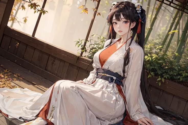 masterpiece, best quality, 8k,raw,rtx on,1girl,  adult, pale skin, model, large breasts, gradient hair, long hair, straight hair, twintails, sitting, shushing, look  at  viewer, hanfu, song style outfits,<lora:hanfuSong_v35:0.7>, purple short shan, red long shan, blue pleated skirt, red songmo, in  autumn, sunset, bamboo  forest, sharp focus, dynamic angle, available  light