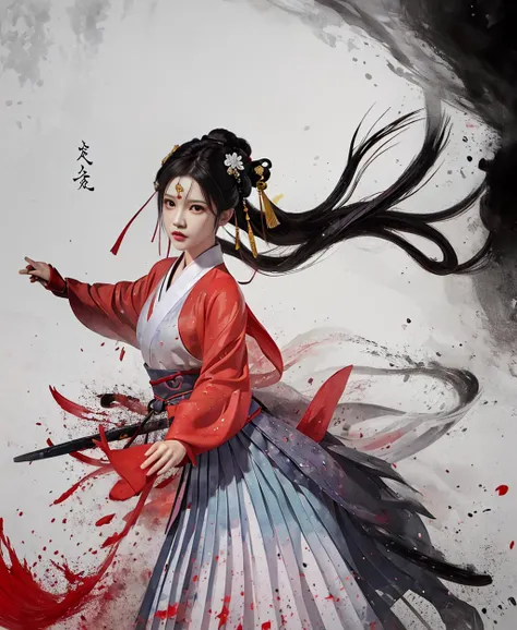 dramatic angle,(fluttered detailed ink splashs), (illustration),(long hair),(rain:0.6),(expressionless ,hair ornament:1.4),(focus on), color Ink wash painting,(ink splashing),color splashing,((colorful)),[sketch], Masterpiece,best quality, beautifully painted,highly detailed,(denoising:0.7),[splash ink],yin yang <lora:WuMo2:1>,(hanfu, song style outfits, red short shan, white pleated skirt),<lora:hanfuSong_v31:0.3>