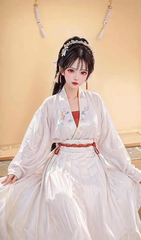 (8k, best quality, masterpiece:1.2), (realistic, photo-realistic:1.2),(sky of background: 1.2),looking at viewer, 1girl,perfect face, perfect eyes,large breasts,perfect skin,make happy expressions,gorgeous,pure,light make up,jade jewelry,hair ornament,hair band,looking at viewer,colorful,(hanfu, song style outfits, 1girl, white short shan, white pleated skirt, red songmo), <lora:hanfu_song_v31:0.65>,