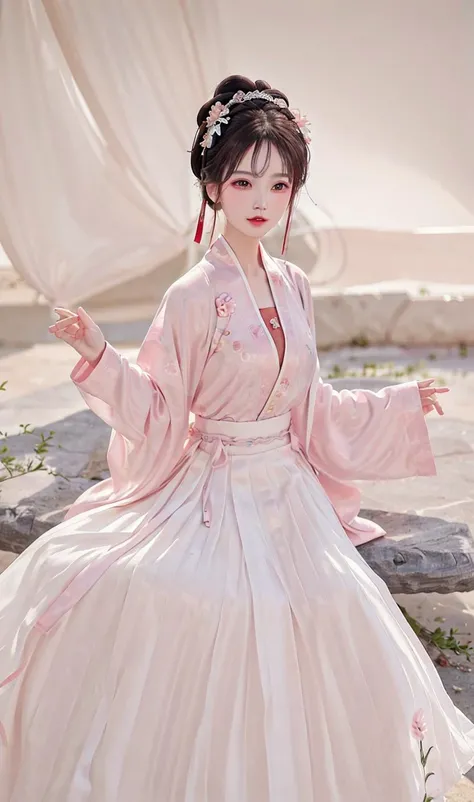 (8k, best quality, masterpiece:1.2), (realistic, photo-realistic:1.2),(sky of background: 1.2),looking at viewer, 1girl,perfect face, perfect eyes,large breasts,perfect skin,make happy expressions,gorgeous,pure,light make up,jade jewelry,hair ornament,hair band,looking at viewer,colorful,(hanfu, song style outfits, 1girl, pink short shan, white pleated skirt, red songmo), <lora:hanfu_song_v31:0.65>,