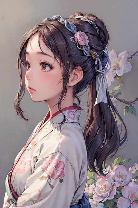 (three-quarter profile portrait:1.4), 1 girl,  hanfu, dynamic angle,
best quality, masterpiece, intricate details,  <lora:hanfuSong_v35:.5>,  zentangle floral pattern background,