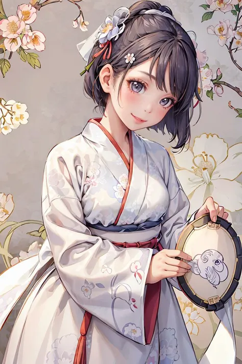 1 girl,  hanfu, dynamic angle,
best quality, masterpiece, intricate details,  <lora:hanfuSong_v35:.5>,  (zentangle floral pattern background:1.2),