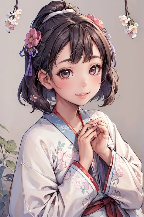 (three-quarter portrait:1.4), 1 girl, hanfu, dynamic angle,
best quality, masterpiece, intricate details, <lora:hanfuSong_v35:.5>, zentangle floral pattern background,