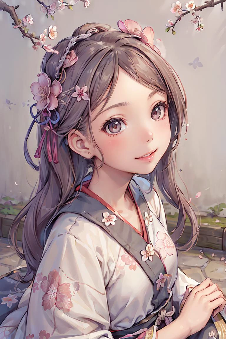 (three-quarter portrait:1.4), 1 girl, (hanfu, baroque floral pattern:1.2), in flower blossom season, under the cherry blossom trees,
best quality, masterpiece, intricate details, <lora:hanfuSong_v35:.5>, dynamic angle,