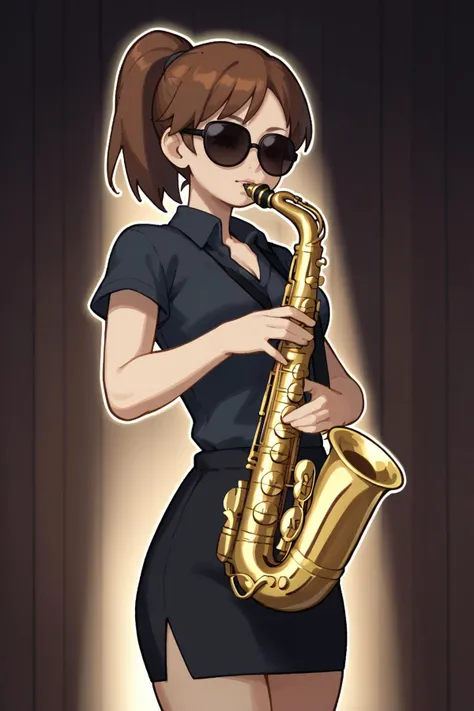 score_9, score_8_up, score_7_up, BREAK 1girl, solo, <lora:OrchestraPDXLMusical_saxophone:1> playing saxophone, holding saxophone, brown hair, dark, stage, sunglasses, formal suit, pencil skirt, short sleeves, volumetric lighting, wooden wall, shaded face, ponytail, fog, dark background