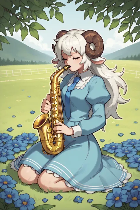 score_9, score_8_up, score_7_up, BREAK 1girl, solo,  <lora:OrchestraPDXLMusical_saxophone:1> playing saxophone, holding saxophone, white hair, long hair, messy hair, short hair, light blue dress, sheep horns, necktie, frills, ribbons, flower field, blue flowers, outdoors