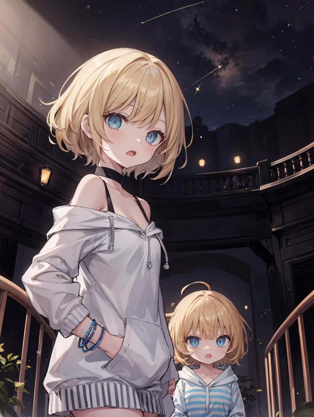 (masterpiece, best quality, highres:1.2), 1other, small breasts, age, brother and sister, sun, (dark lighting:1.4), planetarium, constellation, loop lighting, wedge cut, ash blonde hair, baby bangs, wavy hair, blue eyes, wide-eyed, moving, striped hoodie, bracelet, shoulder cutout, cool face, open mouth wide, (from below:0.8), wide shot, looking at viewer