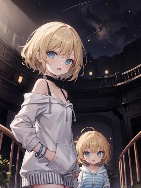 (masterpiece, best quality, highres:1.2), 1other, small breasts, teenage, brother and sister, sun, (dark lighting:1.4), planetarium, constellation, loop lighting, wedge cut, ash blonde hair, baby bangs, wavy hair, blue eyes, wide-eyed, moving, striped hoodie, bracelet, shoulder cutout, cool face, open mouth wide, (from below:0.8), wide shot, looking at viewer