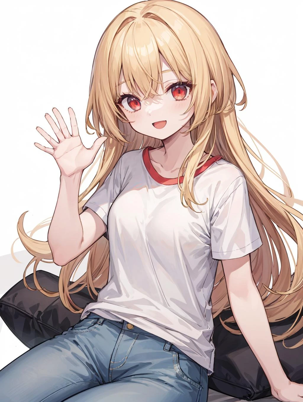 (masterpiece, best quality, highres:1.2), white background, simple background, 1girl, blonde hair, long hair, straight hair, red eyes, smile, open mouth, waving, white t-shirt, short sleeves, jeans