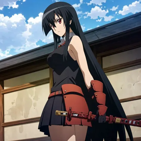 "A detailed and striking illustration of a female warrior with long black hair, dressed in a sleek and slightly revealing outfit with dark and red accents. She stands in a dynamic, heroic pose with one leg slightly forward and her sword held confidently in her hand, the blade pointing downward. The camera angle is a low-angle shot, capturing her from below, making her appear powerful and dominant. The background features a moody, twilight sky with clouds tinged in deep red, adding a dramatic atmosphere. The image is designed to emphasize her strength and allure, with cinematic composition, trending on ArtStation."