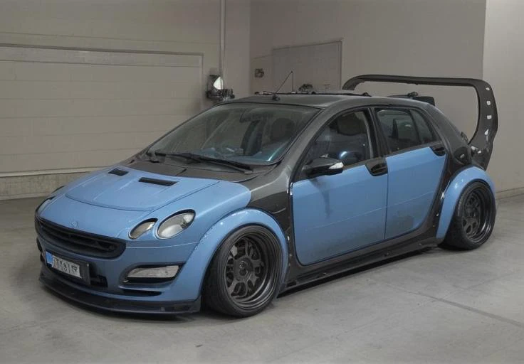 smart fourfour, watanabe wheels, blue, camber, widebody <lora:zeekars:1>