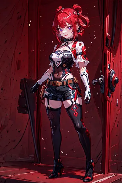 <lora:Mecha-000010:1>, ultra detailed, masterpiece, best quality, aesthetic, detailed,, solo, seductive smile, red lips,
1girl, purple eyes, red hair, blunt bangs, medium breasts, <lora:hair_rings:1> low hair rings, <lora:EllaNyan:1>,, taut clothes, choker, bandeau, elbow gloves, taut shorts, lowleg shorts, navel, groin tendon, belt, patterned legwear, pantyhose, (pantyhose under shorts:1.2), high heel boots,