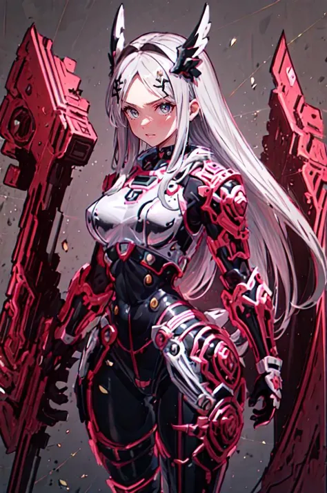 1girl!!!, long hair with bangs, light white hair, big breasts, small size, red eyes, very fair skin, serious face, black tight combat armor, full body, night, dark cave, very sexy body, detailed face, highly detailed, 8k, best quality, masterpiece, vibrant colors, digital art, concept art