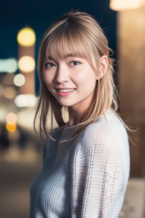 1 Japanese girl,(Wearing a yellow sleeveless turtleneck sweater:1.4),(RAW Photos, highest quality), (Realistic, photo-Realistic:1.4), masterpiece, Very delicate and beautiful, Very detailed, 2k wallpaper, wonderful, finely, Very detailed CG unity 8k wallpaper, Very detailed, High resolution, Soft Light, 微笑んだsmile, Very detailed eyes and face, Beautiful and detailed nose, Beautiful and beautiful eyes,Cinema Lighting,City lights at night,Perfect Anatomy,Slender body,close,(smile),Blonde Hair Info
