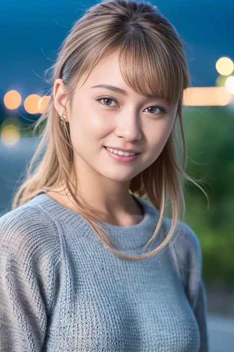 1girl,(wearing a sweater:1.2),(RAW photo, best quality), (realistic, photo-realistic:1.4), masterpiece, an extremely delicate and beautiful, extremely detailed, 2k wallpaper, Amazing, finely detail, extremely detailed CG unity 8k wallpaper, ultra-detailed, highres, soft light, beautiful detailed girl, extremely detailed eyes and face, beautiful detailed nose, beautiful detailed eyes,cinematic lighting,city lights at night,autumn scenery,at a park,perfect anatomy,slender body,smiling ,blonde hair <lora:wakayamashion_lora:0.8>