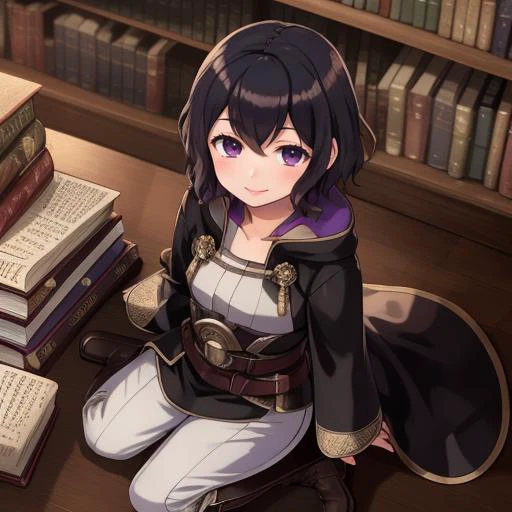 masterpiece, best quality,
 feMorgan, 1girl,
,
 morgan_(female)_(fire_emblem),
black robe, belt,
black_hair,
white pants, 
brown boots,
 yokozuwari, 
sitting,
books, library, from above, looking at viewer, smile 
<lora:morgan-nvwls-v2:0.7>
