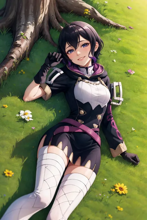 masterpiece, best quality, feMorgan, short dress, black gloves, white thighhighs, lying on the ground, tree, from above, looking at viewer, tired, smile <lora:morgan-nvwls-v2-000010:0.9>