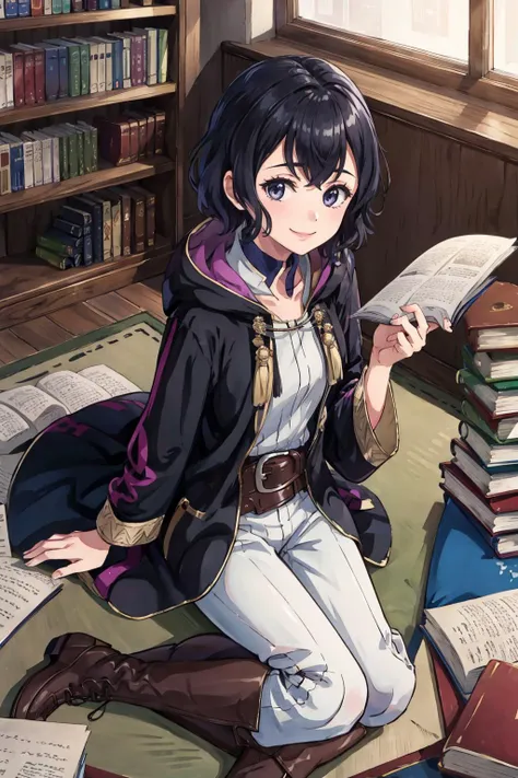 masterpiece, best quality, feMorgan, 1girl, black robe, belt, white pants, brown boots, yokozuwari, books, library, from above, looking at viewer, smile <lora:morgan-nvwls-v2-000010:0.9> <lora:concept_yokozuwari-12:0.7>