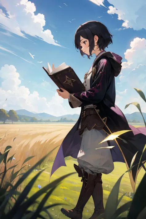 masterpiece, best quality, feMorgan, 1girl, black robe, belt, white pants, brown boots, standing, holding book, casting magic, from side, sky, field, clouds <lora:morgan-nvwls-v2-000010:0.9>