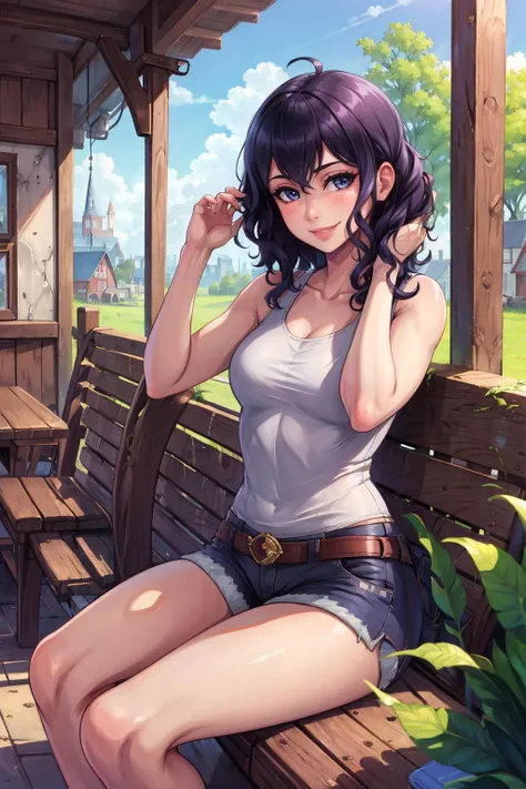 masterpiece, best quality, feMorgan, 1girl, white tank top, jean shorts, sitting, village, porch, smile, fixing hair <lora:morgan-nvwls-v2-000010:0.9>