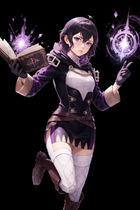masterpiece, best quality, feMorgan, short dress, black gloves, white thighhighs, brown boots, standing, furrowed brow, holding a book, raised arm, casting magic, purple magic, holding book, FEH, whole body, black background, simple background <lora:morgan-nvwls-v2-000010:0.9> <lora:FEH_Concept_v2:0.8>