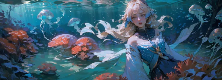 <lora:genshinfull1:1>, (Sangonomiya Kokomi), (masterpiece, top quality, 1girl, solo, upper body, blue sky, dynamic angle, dramatic angle, skirt lift, make up, dreadlocks, available light, background light, ((underwater)), (beautiful detailed water), ((coral)), dynamic angle, floating, (detailed light), floating hair, (splash), ((fishes)), leaves dress, (feather:1.1), nature, (sunlight), (underwater forest), (bloom), (detailed glow:1.1), drenched, seaweed, (jellyfish:1.3), (((Tyndall effect))), <lora:OilPaint:0.55>, soft colores, [praying arms], (lying on the side, ((surprised face)), ((Folded hands))