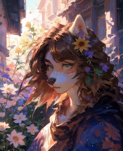 masterpieces, official art, furry, female, anthropomorphic white wolf, delicate face, delicate eyes, blue cloak, kerosene lamp, perfect lighting, light particles, sharp focus, light particles, detailed background, (watercolor:1.2), flower, sunflower,freckles, portrait, leaf, bangs, signature, yellow flower, brown hair, long hair, green eyes, hair between eyes, flower earrings, <lora:OilPaint:0.6>