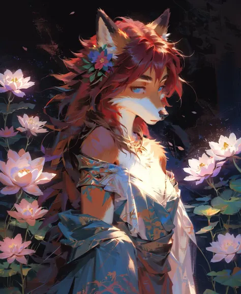 furry fox, foxgirl, short hair, masterpiece, fox tail, (masterpiece, top quality, best quality), bird, flower, red hair, lotus, solo, hair ornament, dress, bare shoulders, very long hair, upper body, <lora:OilPaint:0.5>