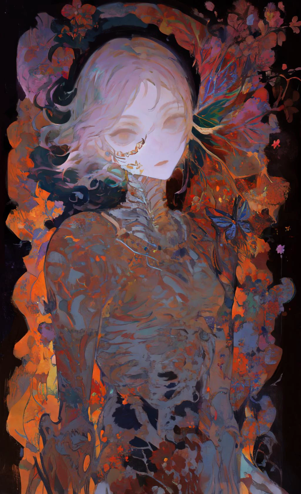 style by nty, skeleton body, colorful background, flowers, face, infected face, butterfly, <lora:Iridescence:0.7> <lora:OilPaint:0.7>