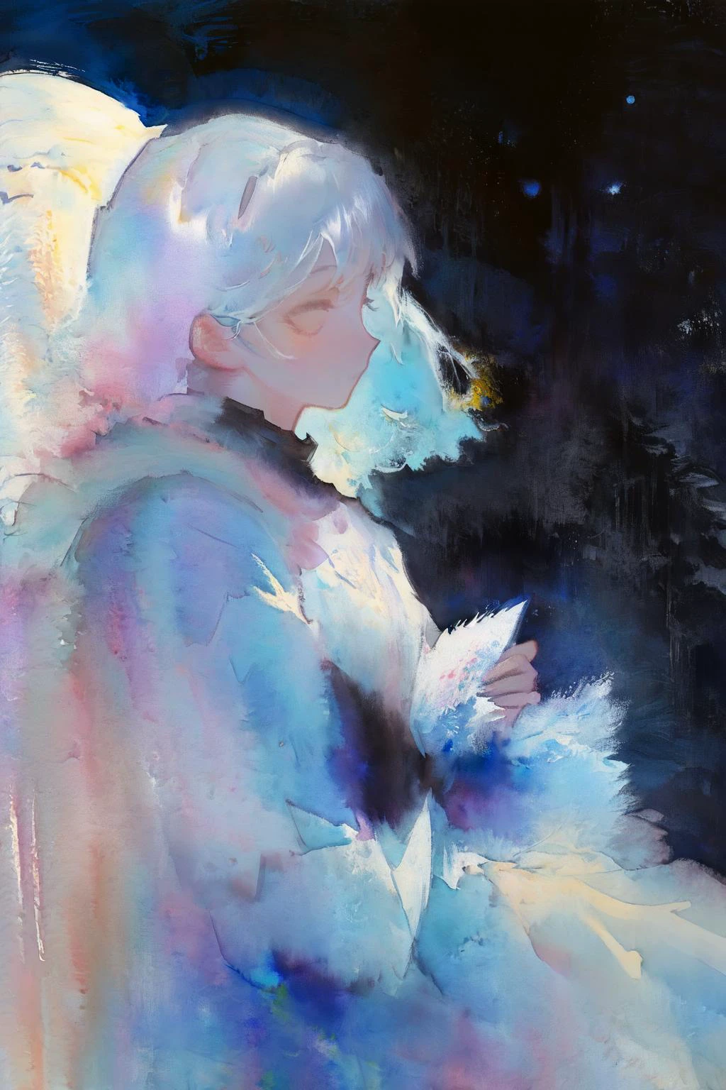 (moist paper,deep watercolor style,comfort,pastel painting illustration,concise,watercolor rendering,natural rendering,pigments mix naturally:1.3),
(black theme,night sky theme,:1.3),(moon:1.3),
<lora:OilPaint:1> sc,
