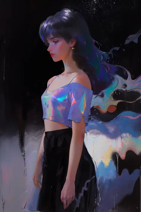 (masterpiece, best quality, high quality, highres, ultra-detailed), <lyco:GoodHands-beta2:1>, <lora:takada_akemi_offset:0.8>, woman, retro hair style, takada akemi, 1980s \(style\), painting \(medium\), casual modern clothes, <lora:OilPaint:0.65>, Style by NTY, colorful, iridescent, dark, (front view:1.4), closed up, sparkle, abstract background, (dynamic light:1.1),