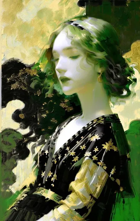 (Style by NTY:1.4),  art of a, made of ([green and black and white and gold]:1.4) colors, complex [detailed : atmosphere], advertising composure  <lora:OilPaint:0.9>