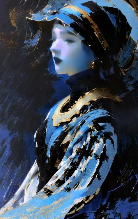 (Style by NTY:1.4),  art of a, made of ([blue and black and white and gold]:1.4) colors, complex [detailed : atmosphere], advertising composure  <lora:OilPaint:0.9>