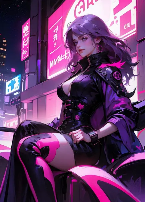 (beautiful face), (detailed face), smiling, thoughtfull, closed mouth, cyberpunk city, ((night)), (neon lights), 1girl, bright purple hair, pink hair, curvy figure, black leather shorts, coat, neon hair pins, high contrast, hd
<lora:OilPaint:0.4>
