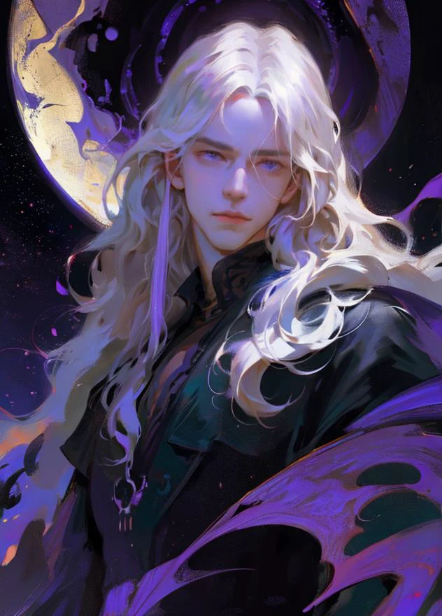 ((male)), male face, detailed face, dark wizard, majestic, dark castle background, messy hair, curly hair, long white hair, floating, gothic, dark indigo, magic in hand, emerald nightglow, purple,
<lora:OilPaint:0.7>
<lora:CGhandsomeboy sw_20230612224948:0.2>