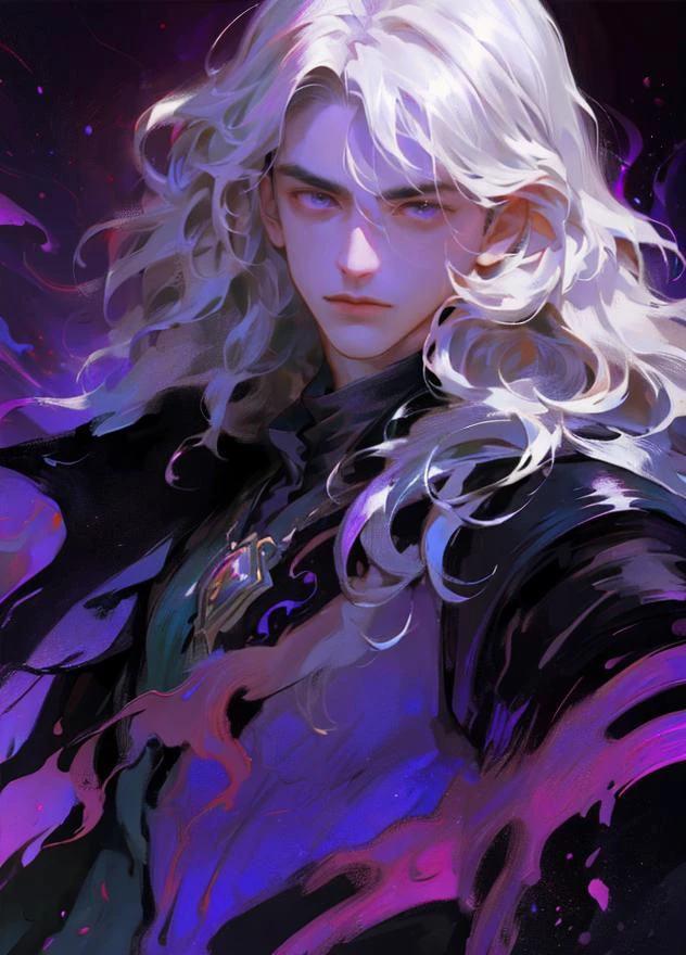 ((male)), male face, detailed face, dark wizard, majestic, dark castle background, messy hair, curly hair, long white hair, floating, gothic, dark indigo, magic in hand, emerald nightglow, purple,
<lora:OilPaint:0.7>
<lora:CGhandsomeboy sw_20230612224948:0.2>