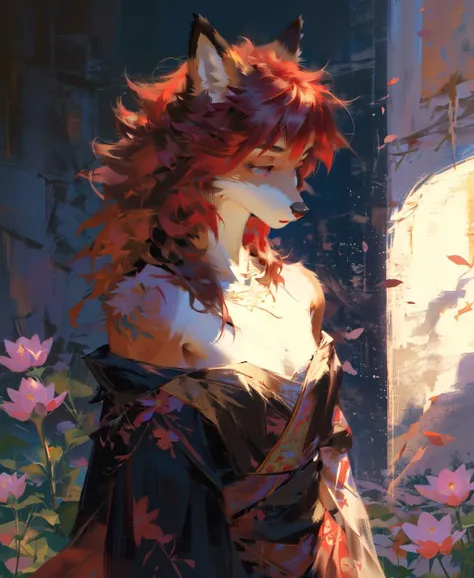 furry fox, foxgirl, short hair, masterpiece, (masterpiece, top quality, best quality), bird, flower, red hair, lotus, solo, hair ornament, dress, bare shoulders, very long hair, upper body, <lora:OilPaint:0.6>