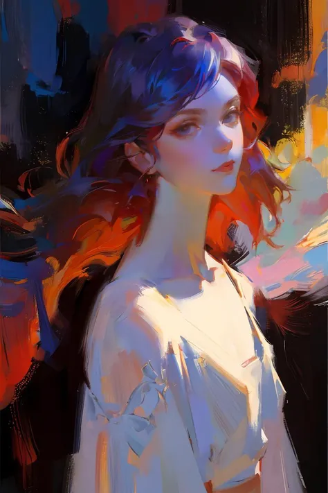 OIL PAINTING,(Style by NTY:1.4), female, scarlet art, iridescent hair, intricate, colorful <lora:OilPaint:0.7>