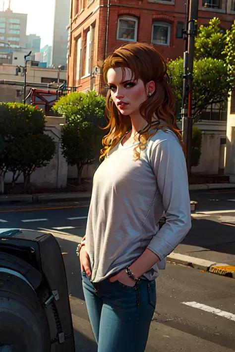 annahenrietta, solo, city street, dressed in casual clothes, high hair, shirt, jeans, hands in pockets, neutral facial expression, parted lips, looking at viewer, sunlight, best quality, <lora:annahenrietta:0.7>